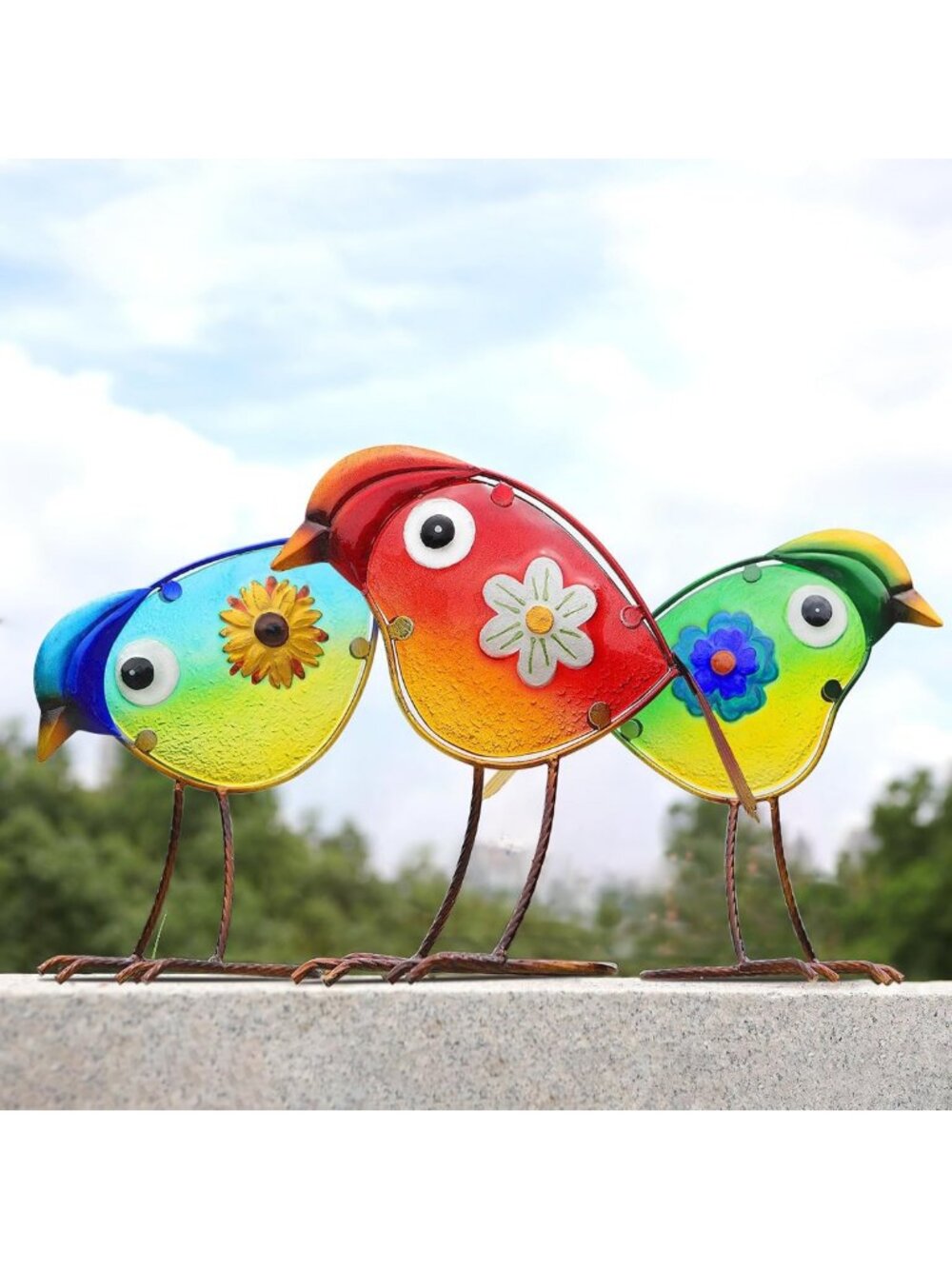 Charming Bird Garden Decor Set of 3 - Metal & Glass Outdoor Yard Art for Patio
